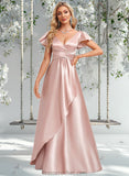 Angelica A-line V-Neck Floor-Length Stretch Satin Bridesmaid Dress With Ruffle STAP0025787