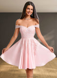 Emery A-line Off the Shoulder Short Satin Homecoming Dress With Rhinestone Beading Appliques Lace STAP0025679