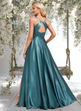 Braelyn A-line Cowl Floor-Length Stretch Satin Bridesmaid Dress With Ruffle STAP0025781