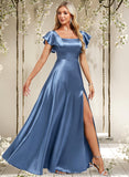 Adeline A-line Square Floor-Length Stretch Satin Bridesmaid Dress With Ruffle STAP0025769