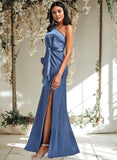 Janelle A-line One Shoulder Floor-Length Stretch Satin Bridesmaid Dress With Bow STAP0025730