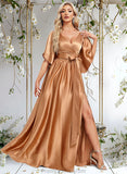 Jordin A-line V-Neck Floor-Length Stretch Satin Bridesmaid Dress STAP0025793