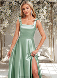 Kaylie A-line Square Floor-Length Stretch Satin Bridesmaid Dress With Bow STAP0025788