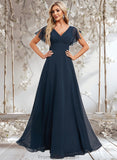 Madelynn A-line V-Neck Floor-Length Chiffon Bridesmaid Dress STAP0025806