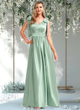 Rachael A-line V-Neck Floor-Length Stretch Satin Bridesmaid Dress With Bow STAP0025737