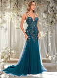 Allison Trumpet/Mermaid V-Neck Sweep Train Tulle Prom Dresses With Sequins Appliques Lace STAP0025853