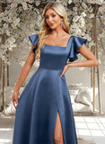 Londyn A-line Square Floor-Length Satin Bridesmaid Dress With Ruffle STAP0025774