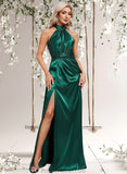 Nevaeh A-line Halter Floor-Length Stretch Satin Bridesmaid Dress With Ruffle STAP0025817