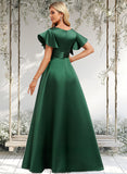 Kitty A-line V-Neck Floor-Length Satin Bridesmaid Dress With Ruffle STAP0025777