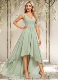 Destiney A-line V-Neck Asymmetrical Chiffon Bridesmaid Dress STAP0025809