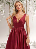 Norma A-line V-Neck Floor-Length Satin Bridesmaid Dress STAP0025775