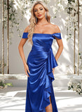 Roberta Trumpet/Mermaid Off the Shoulder Floor-Length Stretch Satin Bridesmaid Dress With Ruffle STAP0025800