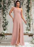 Marcie A-line One Shoulder Floor-Length Chiffon Bridesmaid Dress With Bow STAP0025748