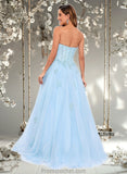 Jaylen Ball-Gown/Princess Straight Sweep Train Tulle Prom Dresses With Sequins Appliques Lace STAP0025864