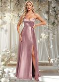 Daniella A-line V-Neck Floor-Length Stretch Satin Bridesmaid Dress STAP0025822