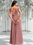 Joyce A-line V-Neck Floor-Length Chiffon Bridesmaid Dress With Ruffle STAP0025751