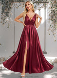 Mina A-line V-Neck Floor-Length Stretch Satin Bridesmaid Dress STAP0025771