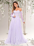 Rosa A-line Sweetheart Sweep Train Tulle Prom Dresses With Sequins Appliques Lace STAP0025856