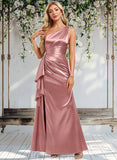 Salma A-line One Shoulder Floor-Length Stretch Satin Bridesmaid Dress With Ruffle STAP0025768