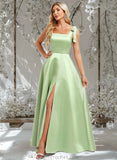 Brielle A-line Square Floor-Length Satin Bridesmaid Dress With Bow STAP0025778