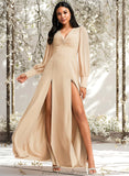 Leanna A-line V-Neck Floor-Length Chiffon Bridesmaid Dress STAP0025763