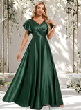 Sadie A-line V-Neck Floor-Length Stretch Satin Bridesmaid Dress With Ruffle STAP0025773