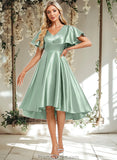 Amya A-line V-Neck Asymmetrical Stretch Satin Bridesmaid Dress With Ruffle STAP0025772