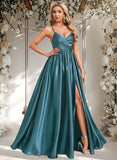 Shannon A-line V-Neck Floor-Length Stretch Satin Bridesmaid Dress STAP0025786