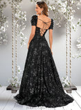 Shayla A-line V-Neck Sweep Train Floral Lace Prom Dresses With Sequins STAP0025869