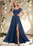 Kira A-line V-Neck Floor-Length Chiffon Bridesmaid Dress With Ruffle STAP0025802