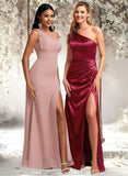 Breanna A-line One Shoulder Floor-Length Stretch Satin Bridesmaid Dress With Bow STAP0025758