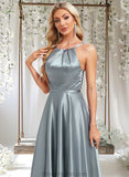 London A-line Halter Floor-Length Stretch Satin Bridesmaid Dress STAP0025783