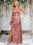 Salma A-line One Shoulder Floor-Length Stretch Satin Bridesmaid Dress With Ruffle STAP0025768