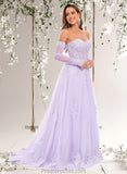 Rosa A-line Sweetheart Sweep Train Tulle Prom Dresses With Sequins Appliques Lace STAP0025856