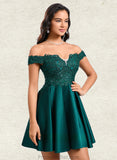 Mckenzie A-line Off the Shoulder Short Lace Satin Homecoming Dress With Rhinestone STAP0025718