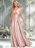 Abbie A-line V-Neck Floor-Length Stretch Satin Bridesmaid Dress STAP0025779