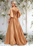 Jordin A-line V-Neck Floor-Length Stretch Satin Bridesmaid Dress STAP0025793