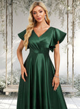 Kitty A-line V-Neck Floor-Length Satin Bridesmaid Dress With Ruffle STAP0025777