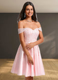 Emery A-line Off the Shoulder Short Satin Homecoming Dress With Rhinestone Beading Appliques Lace STAP0025679