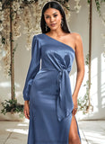 Janelle A-line One Shoulder Floor-Length Stretch Satin Bridesmaid Dress With Bow STAP0025730