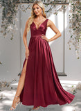 Mina A-line V-Neck Floor-Length Stretch Satin Bridesmaid Dress STAP0025771