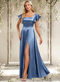 Adeline A-line Square Floor-Length Stretch Satin Bridesmaid Dress With Ruffle STAP0025769