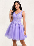 Janiah Ball-Gown/Princess V-Neck Short Lace Tulle Homecoming Dress With Flower STAP0025656