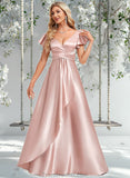 Angelica A-line V-Neck Floor-Length Stretch Satin Bridesmaid Dress With Ruffle STAP0025787