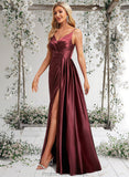 Sasha A-line V-Neck Floor-Length Stretch Satin Bridesmaid Dress With Ruffle STAP0025785