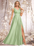 Michaelia A-line V-Neck Floor-Length Satin Prom Dresses STAP0025877