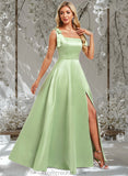 Brielle A-line Square Floor-Length Satin Bridesmaid Dress With Bow STAP0025778