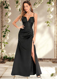 Ariel Trumpet/Mermaid V-Neck Floor-Length Satin Prom Dresses STAP0025862