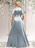 Logan A-line V-Neck Floor-Length Stretch Satin Bridesmaid Dress With Ruffle STAP0025767