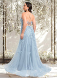 Genesis Trumpet/Mermaid Straight Sweep Train Tulle Prom Dresses With Flower STAP0025866